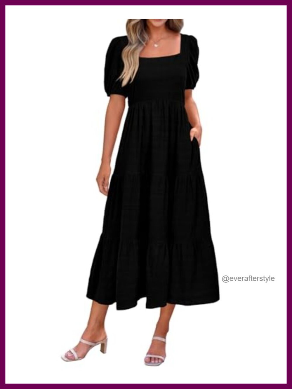 Women's Summer Midi Dress Puff Sleeve Square Neck Smocked A-Line Flowy Fit